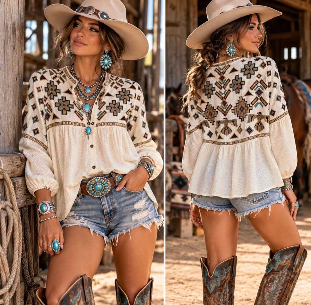 Double D Ranchwear Blouse S Embroidered Thunderbird Southwest Western Cream